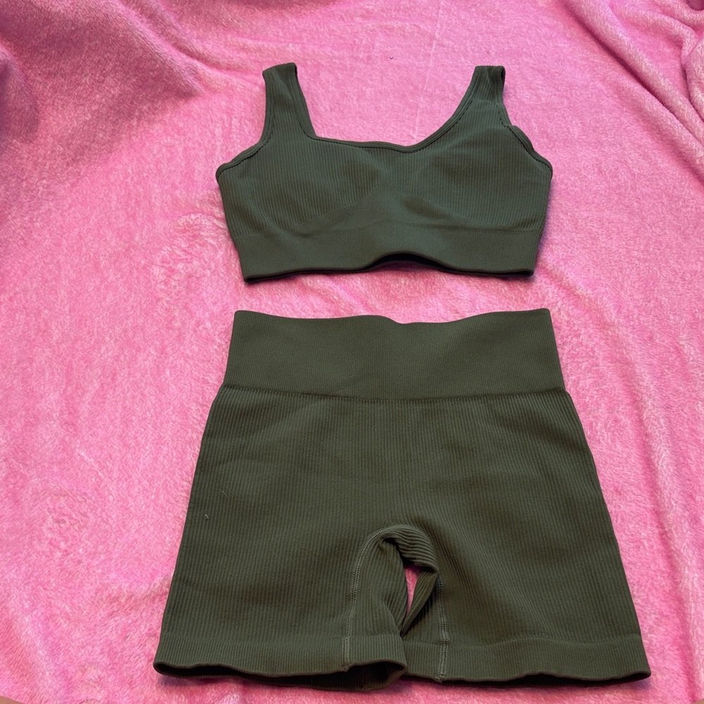 Green Ribbed Sports Bra and Shorts Set